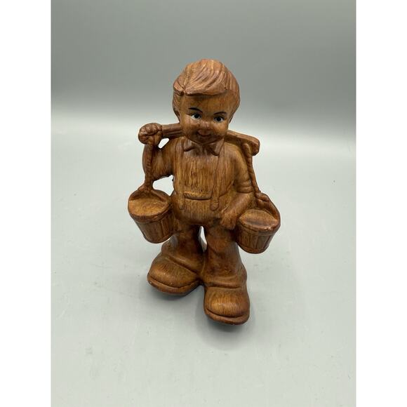 “Vintage Faux Wood Plastic Figurine 7” Boy w/ Buckets Made in Hong Kong - Picture 1 of 6